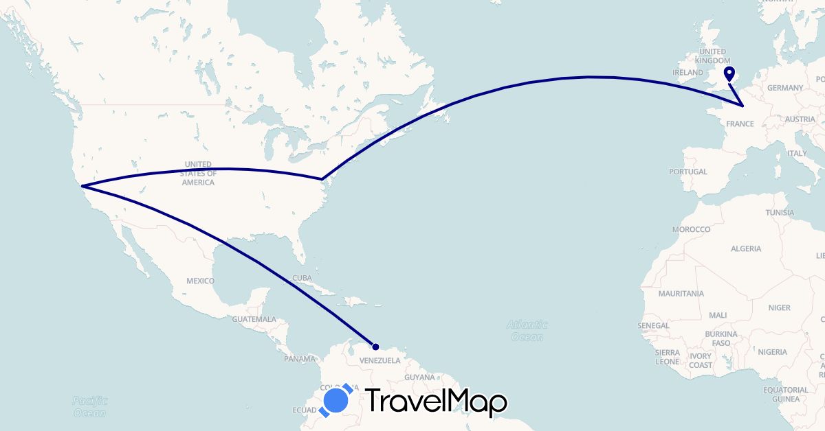 TravelMap itinerary: driving in France, United Kingdom, United States, Venezuela (Europe, North America, South America)